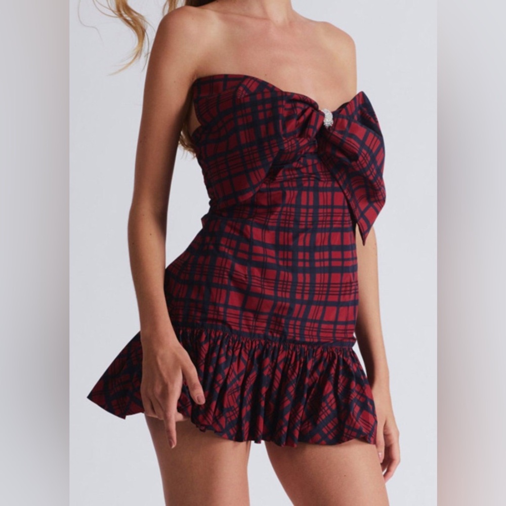 LoveShackFancy Red and Black Plaid Dress with Crystal Accent | Tilson Dress